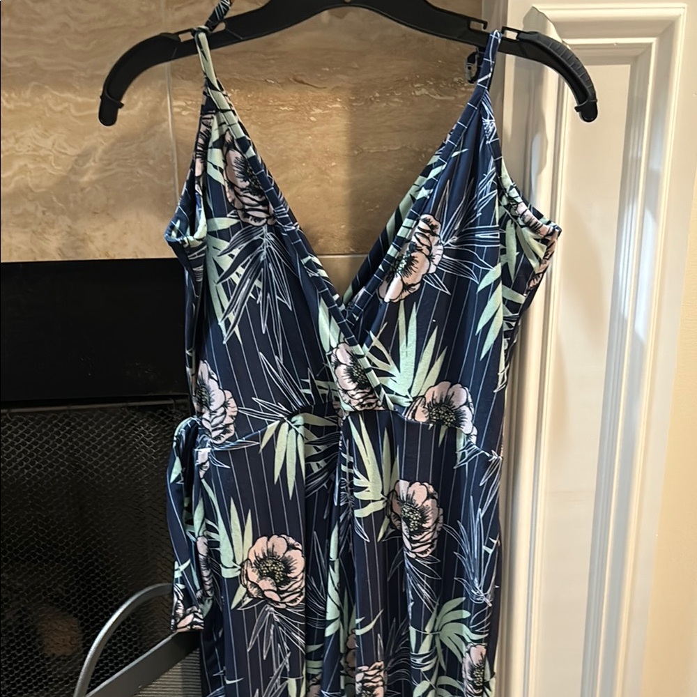 Just Be Blue and Green Tropical Jumpsuit V-Neck Wide Leg - Picture 4 of 5